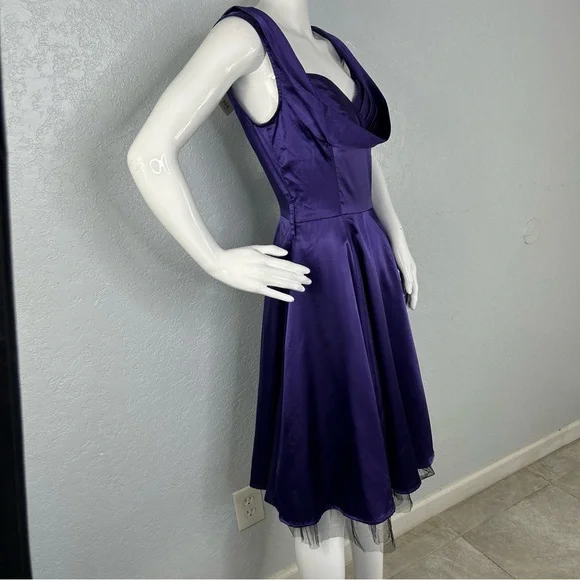H & R London Purple Satin Retro Pin Up Style Fit Flare Tea Length Dress US 6 - Picture 7 of 15